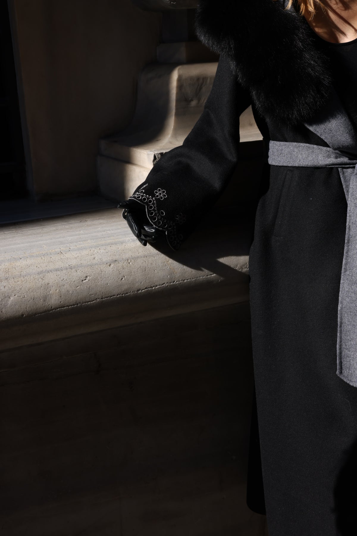 Black Embroidered Alpaca Fox Fur Coat