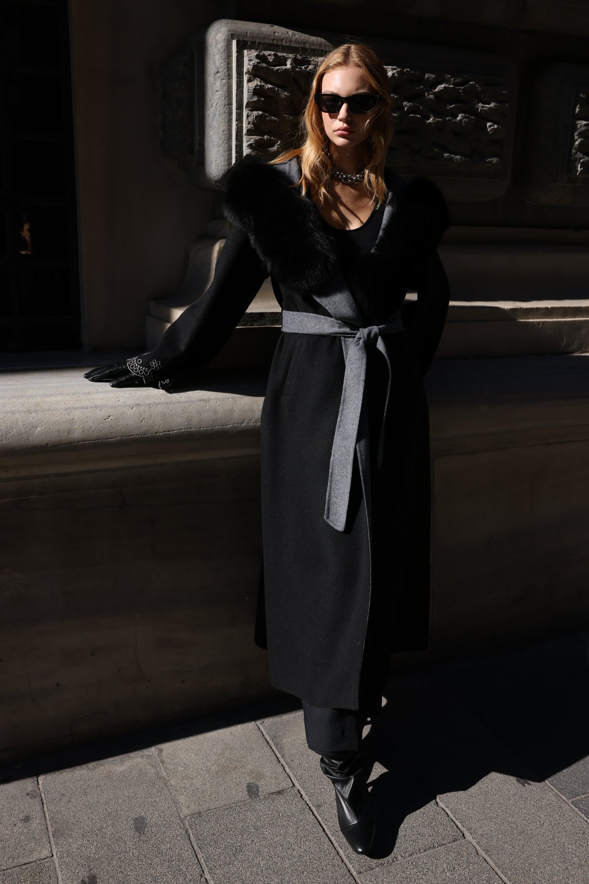 Black Embroidered Alpaca Fox Fur Coat