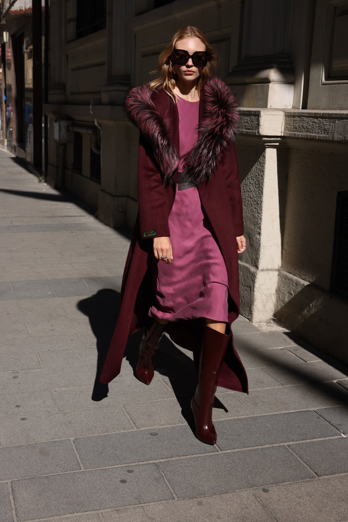 BURGUNDY ALPACA FOX FUR COAT- 9022
