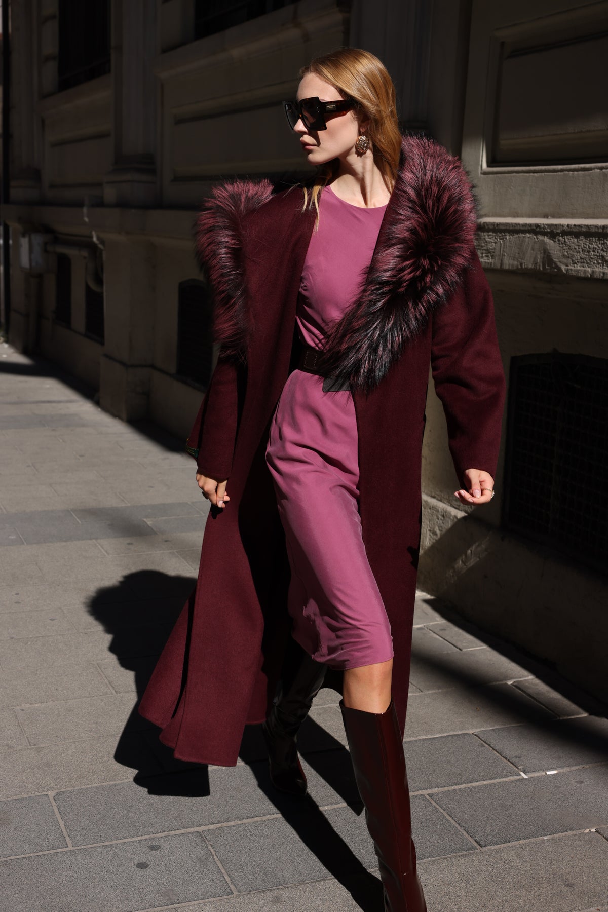 BURGUNDY ALPACA FOX FUR COAT- 9022