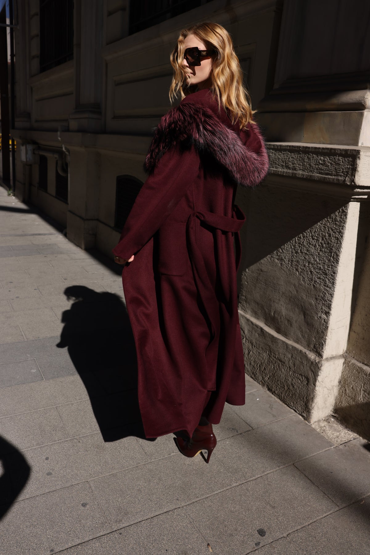 BURGUNDY ALPACA FOX FUR COAT- 9022