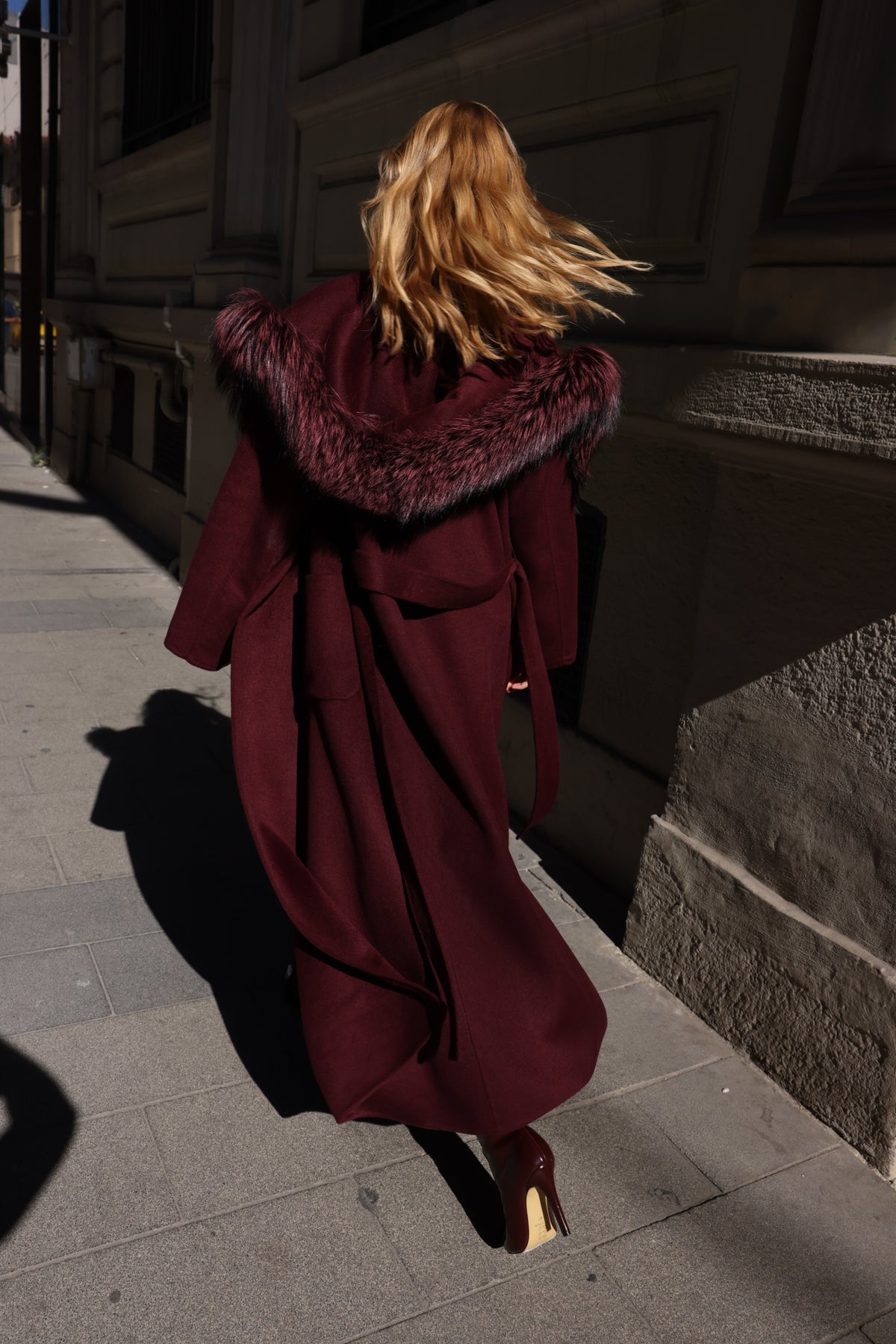 BURGUNDY ALPACA FOX FUR COAT- 9022