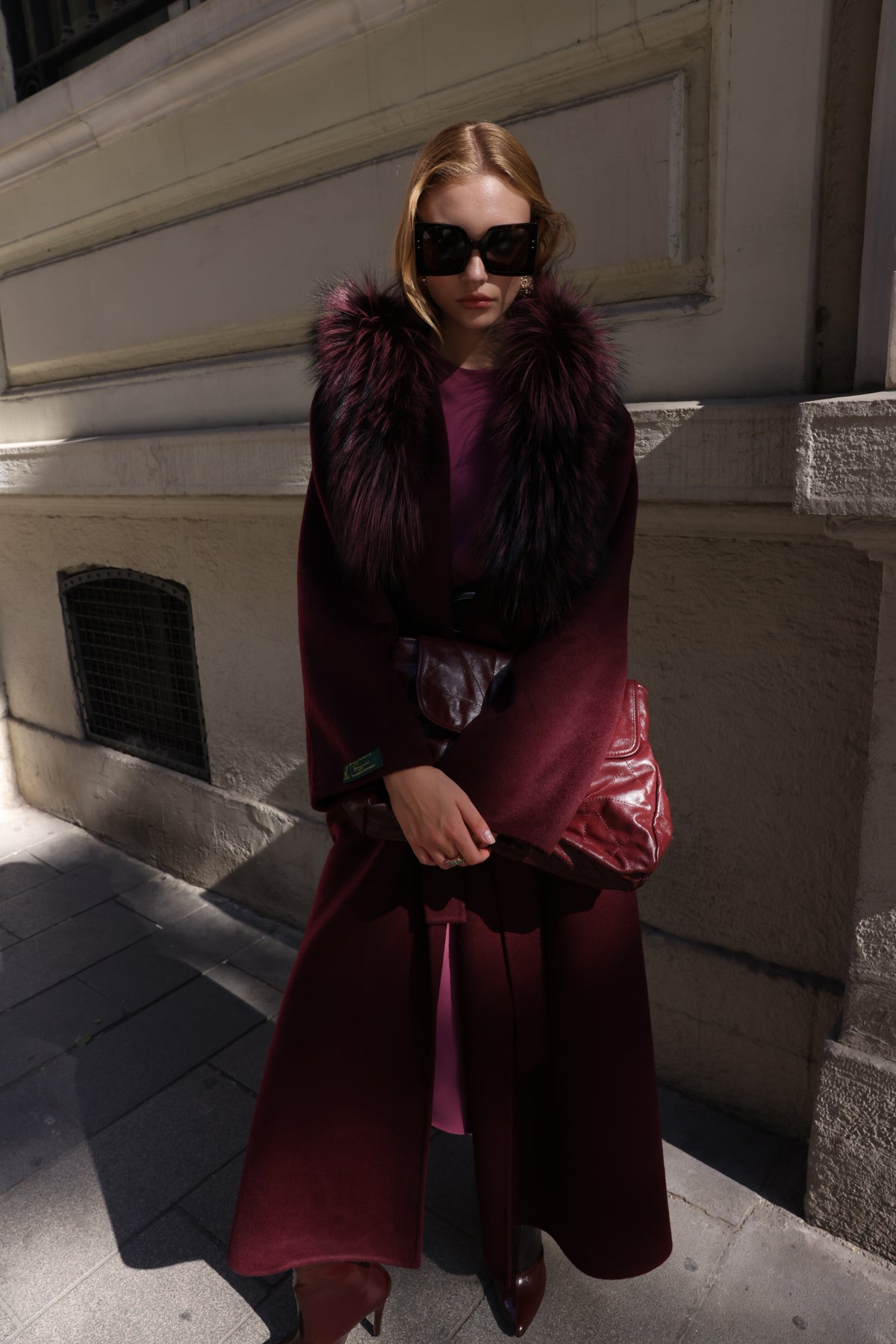 BURGUNDY ALPACA FOX FUR COAT- 9022