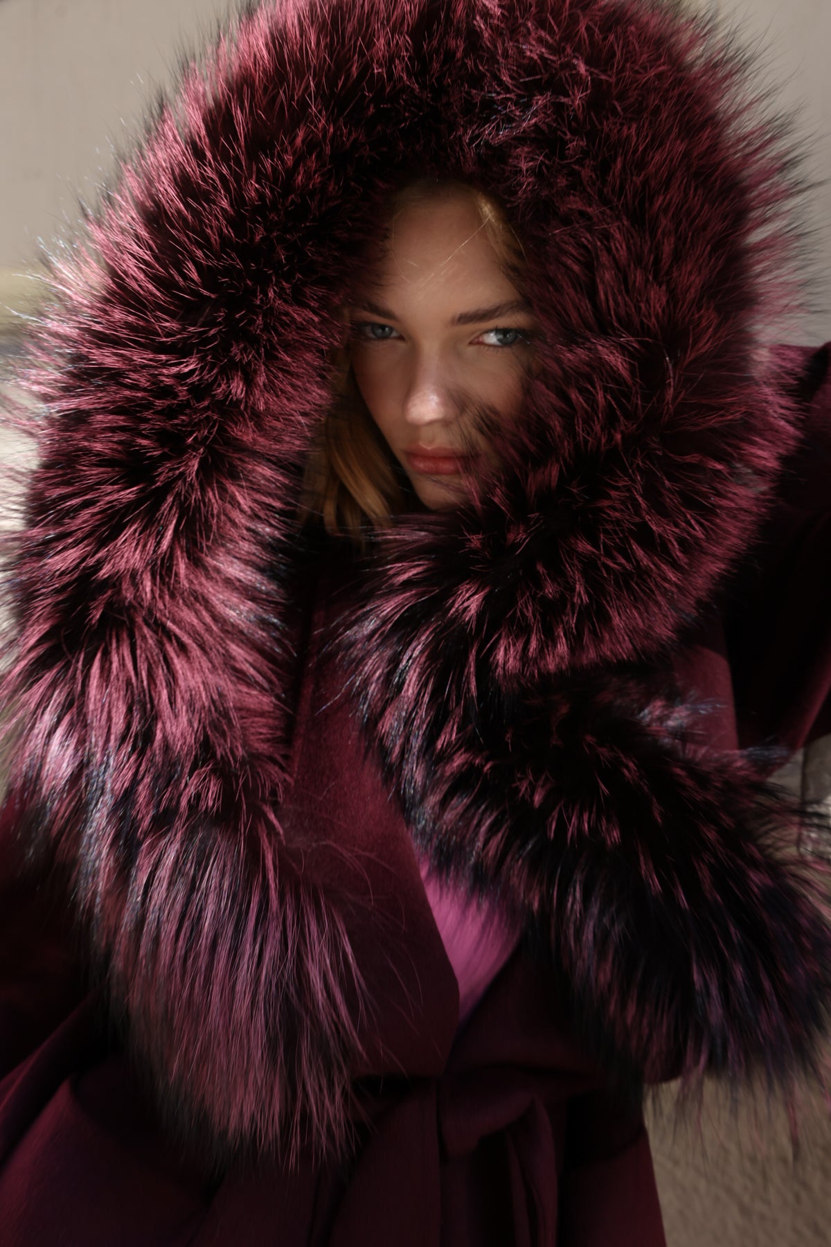 BURGUNDY ALPACA FOX FUR COAT- 9022