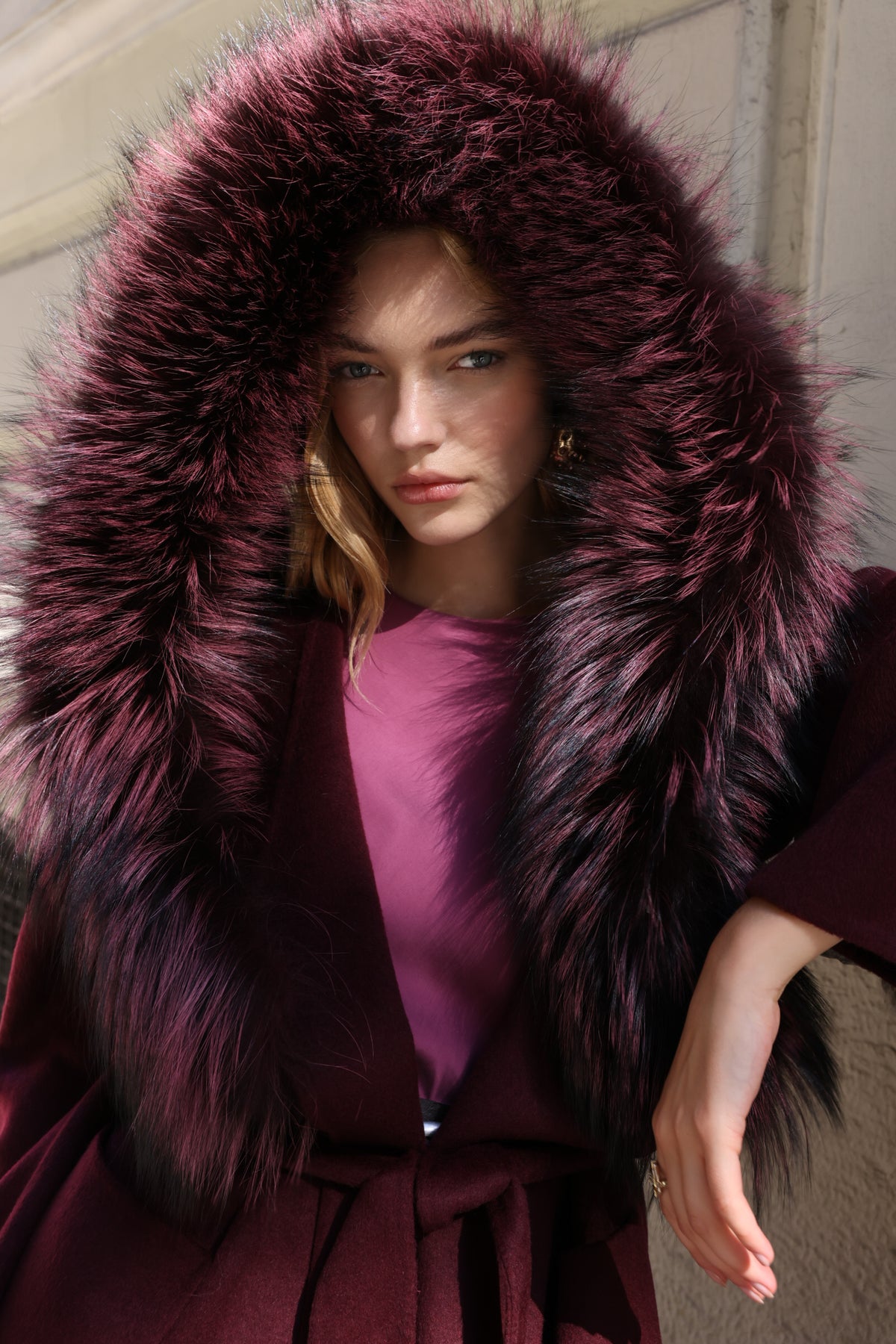 BURGUNDY ALPACA FOX FUR COAT- 9022