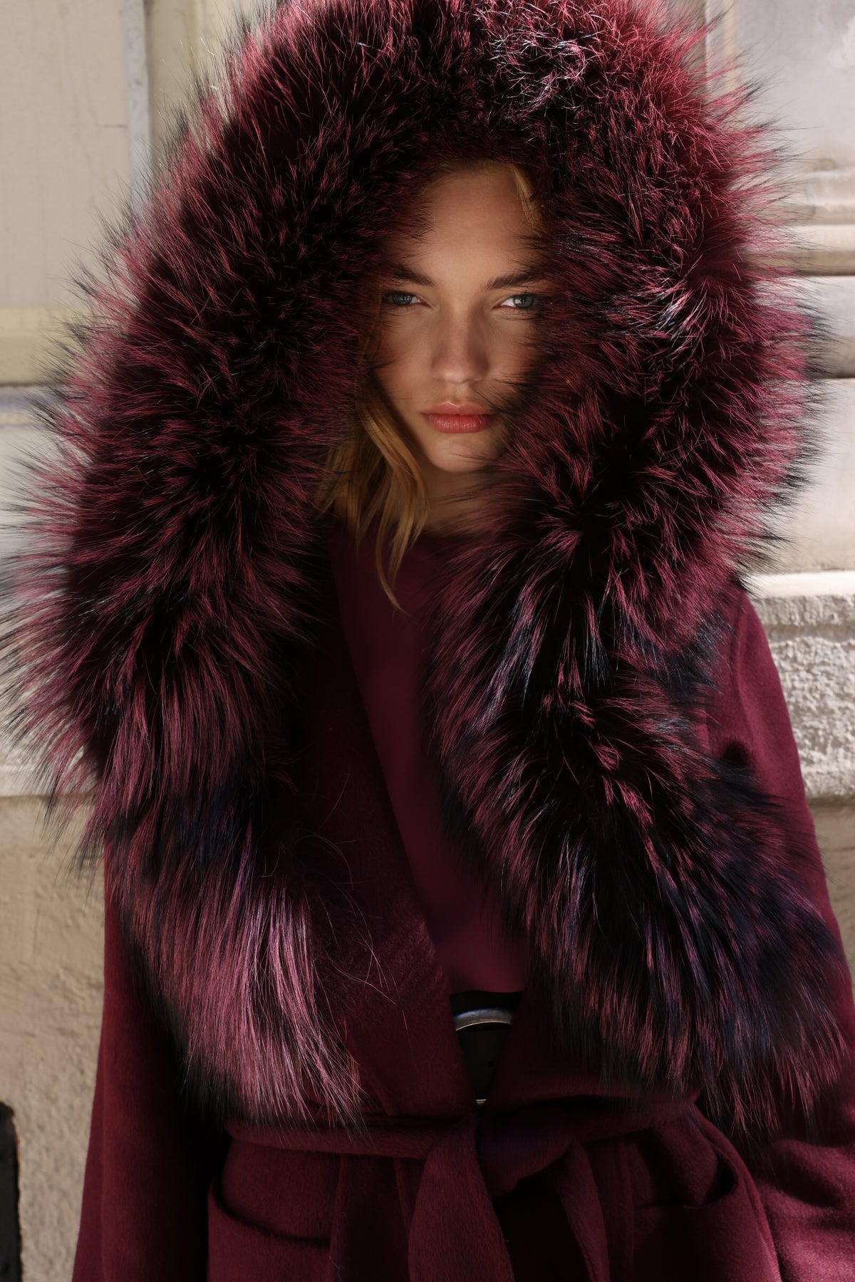 BURGUNDY ALPACA FOX FUR COAT- 9022