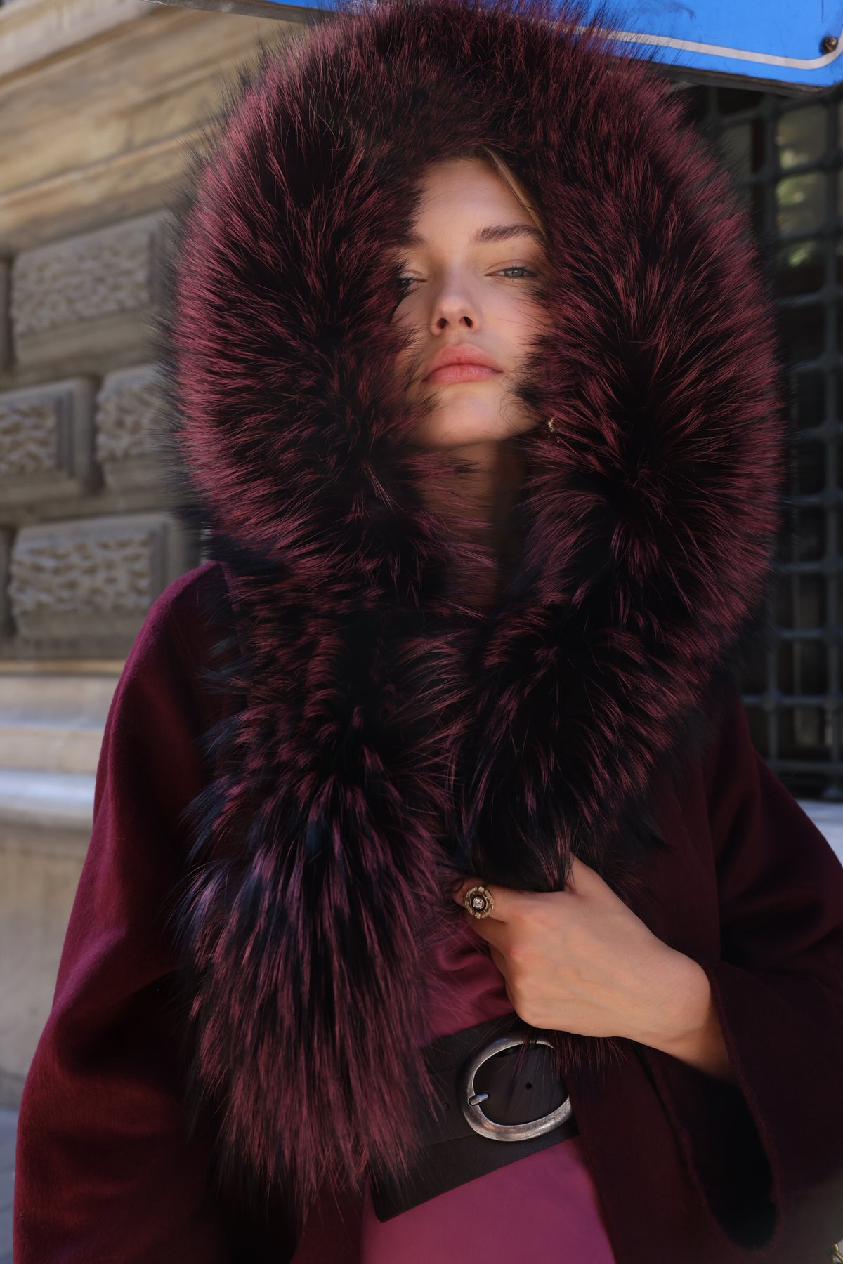 BURGUNDY ALPACA FOX FUR COAT- 9022