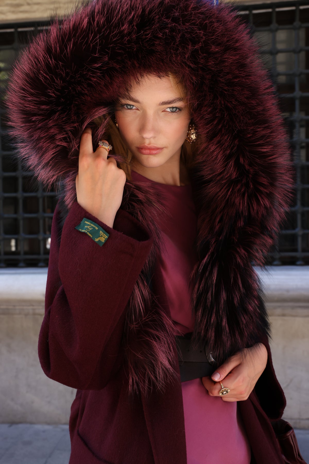BURGUNDY ALPACA FOX FUR COAT- 9022