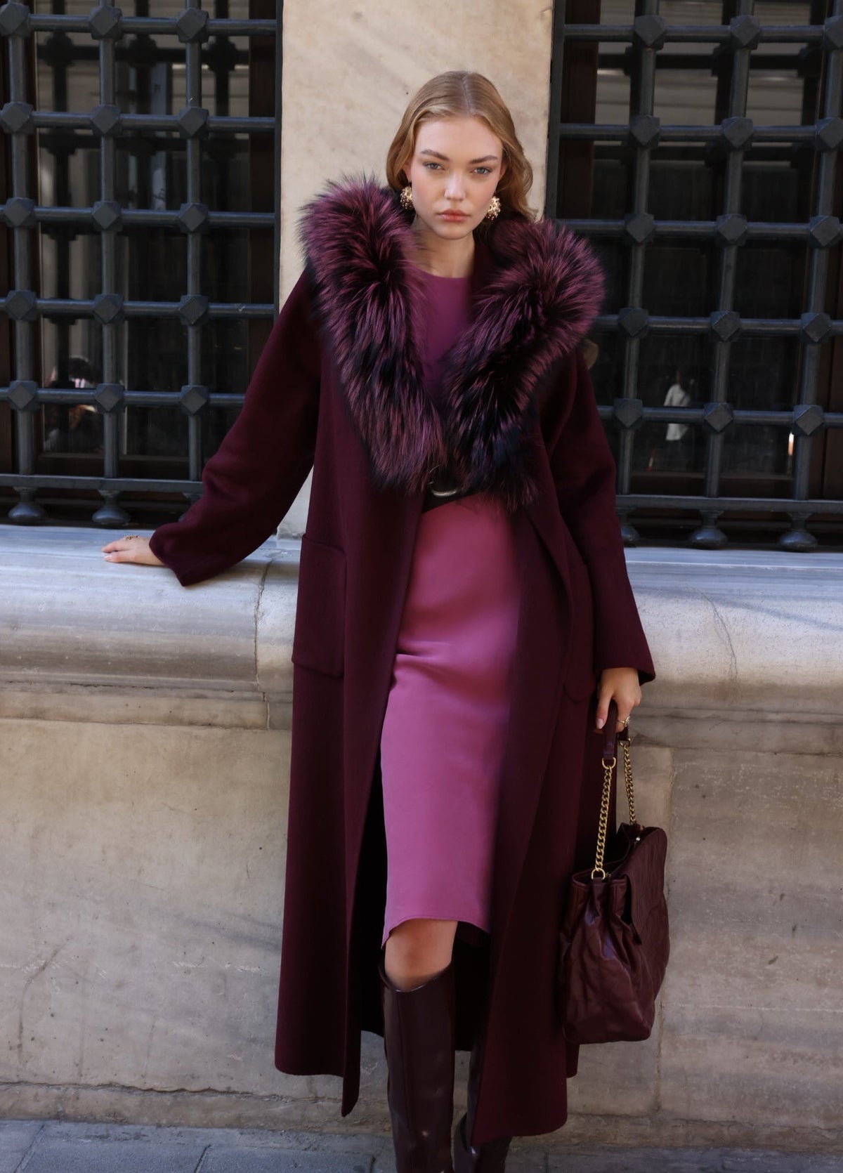 BURGUNDY ALPACA FOX FUR COAT- 9022