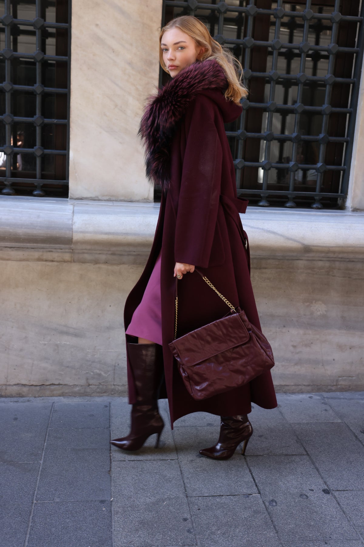 BURGUNDY ALPACA FOX FUR COAT- 9022