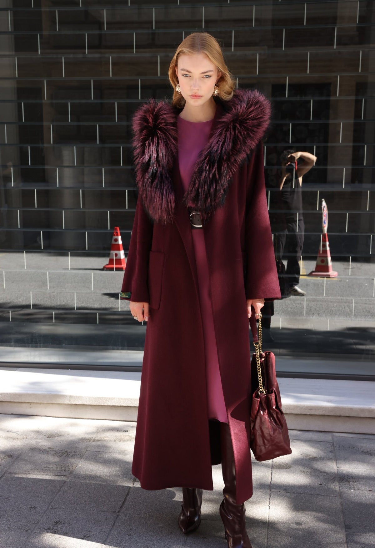 BURGUNDY ALPACA FOX FUR COAT- 9022