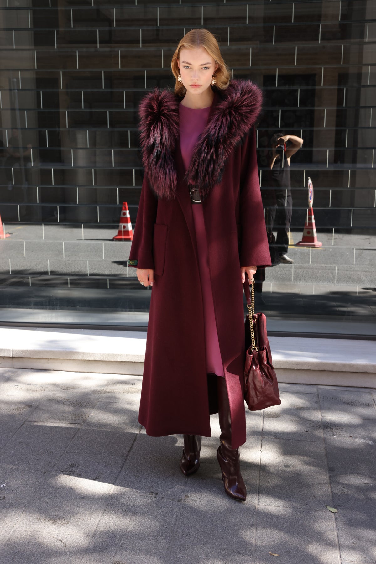 BURGUNDY ALPACA FOX FUR COAT- 9022