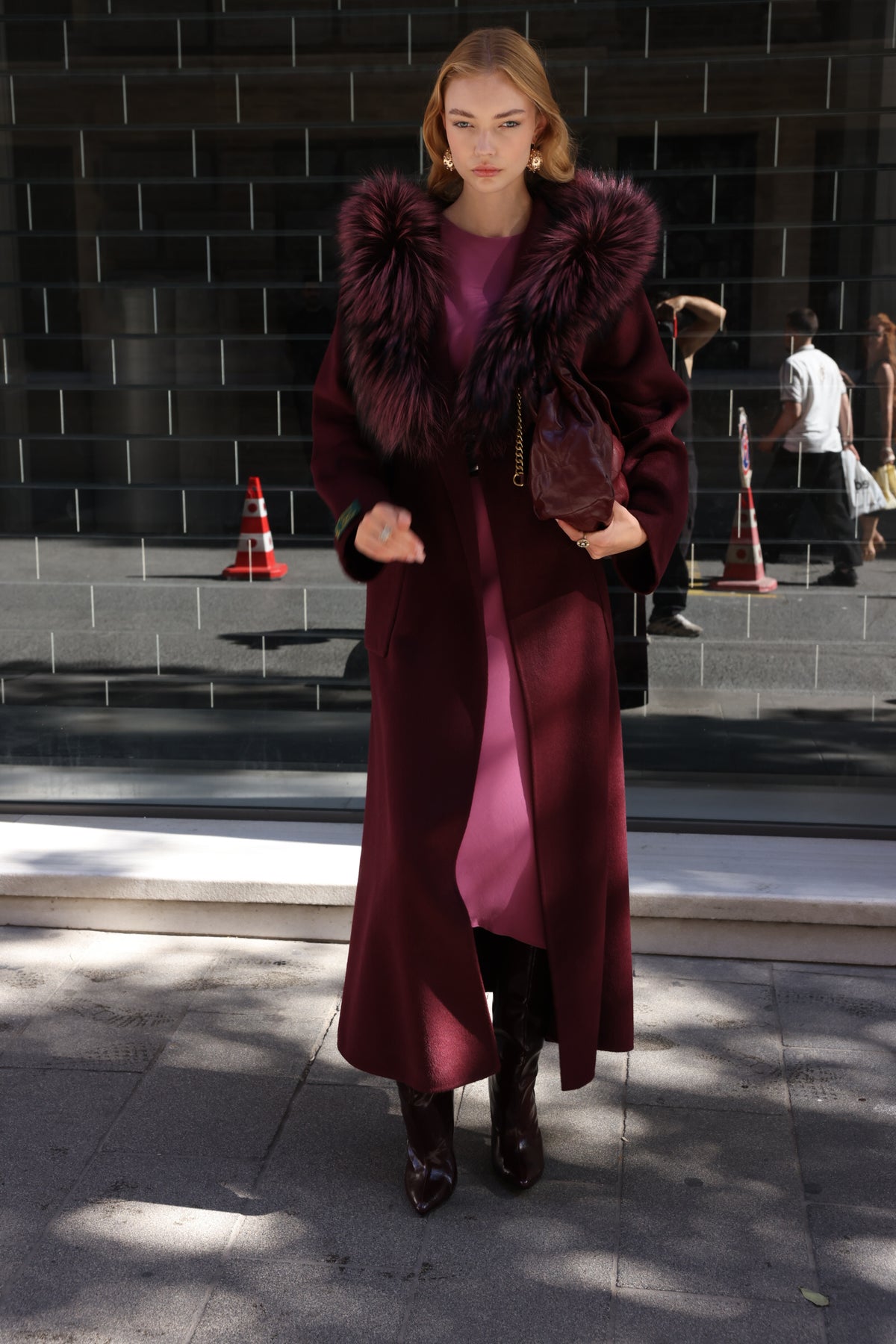 BURGUNDY ALPACA FOX FUR COAT- 9022