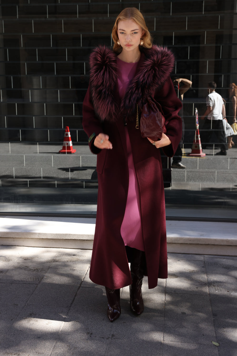BURGUNDY ALPACA FOX FUR COAT- 9022