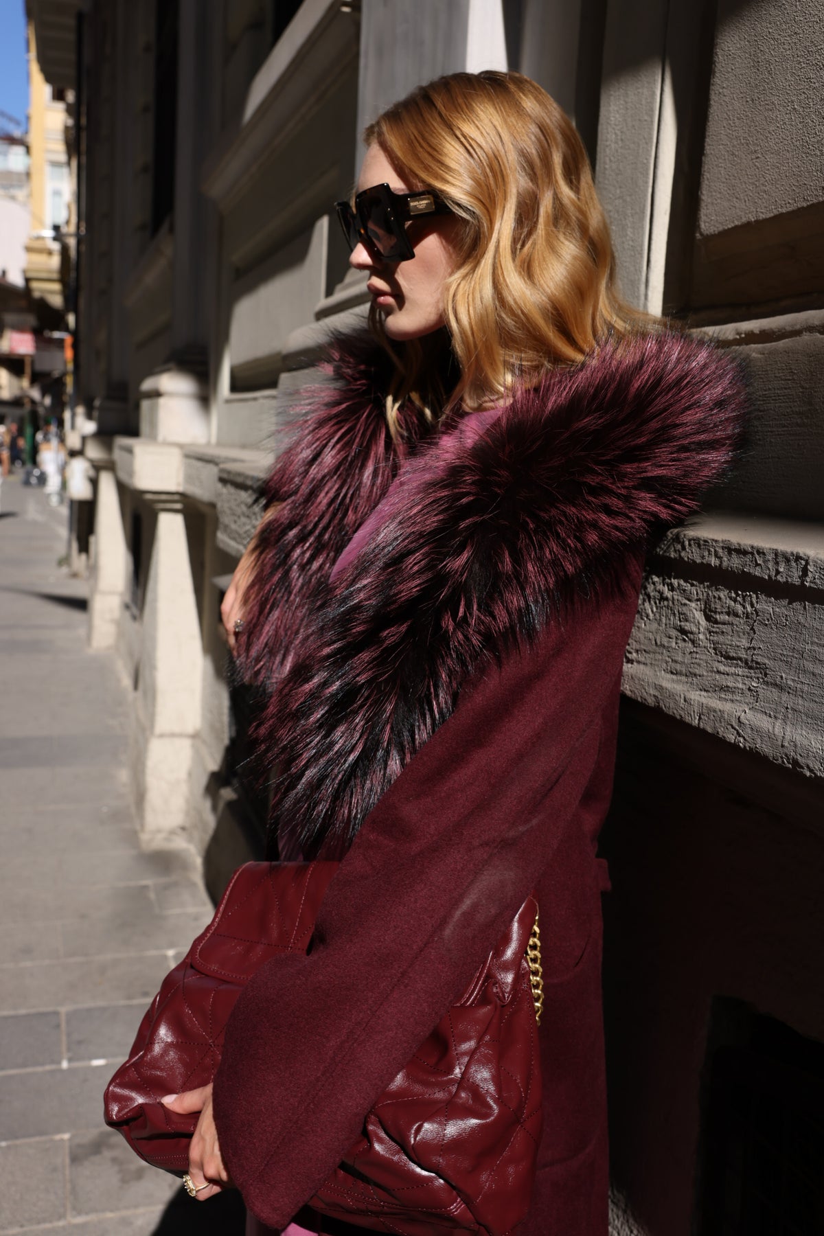 BURGUNDY ALPACA FOX FUR COAT- 9022