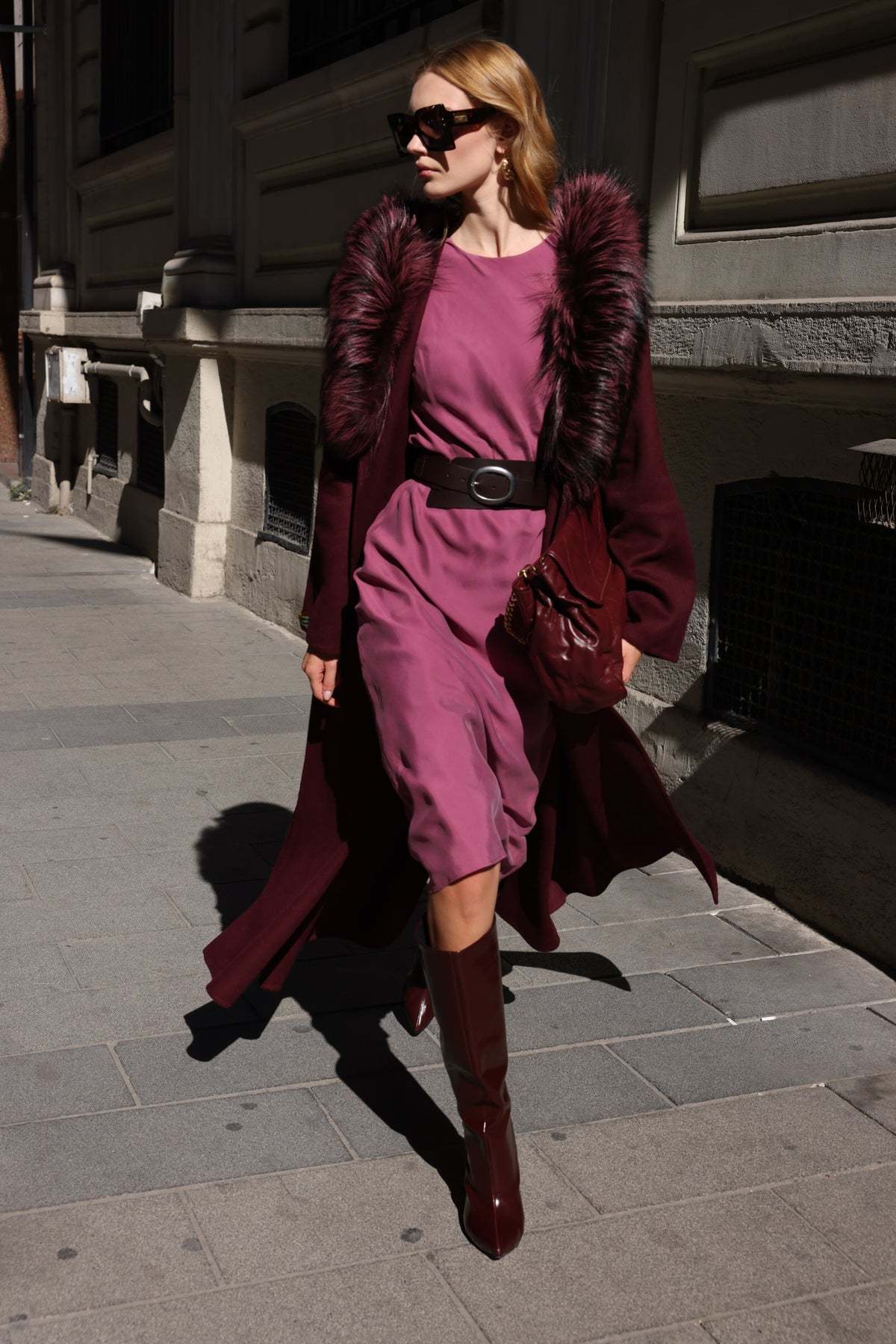 BURGUNDY ALPACA FOX FUR COAT- 9022