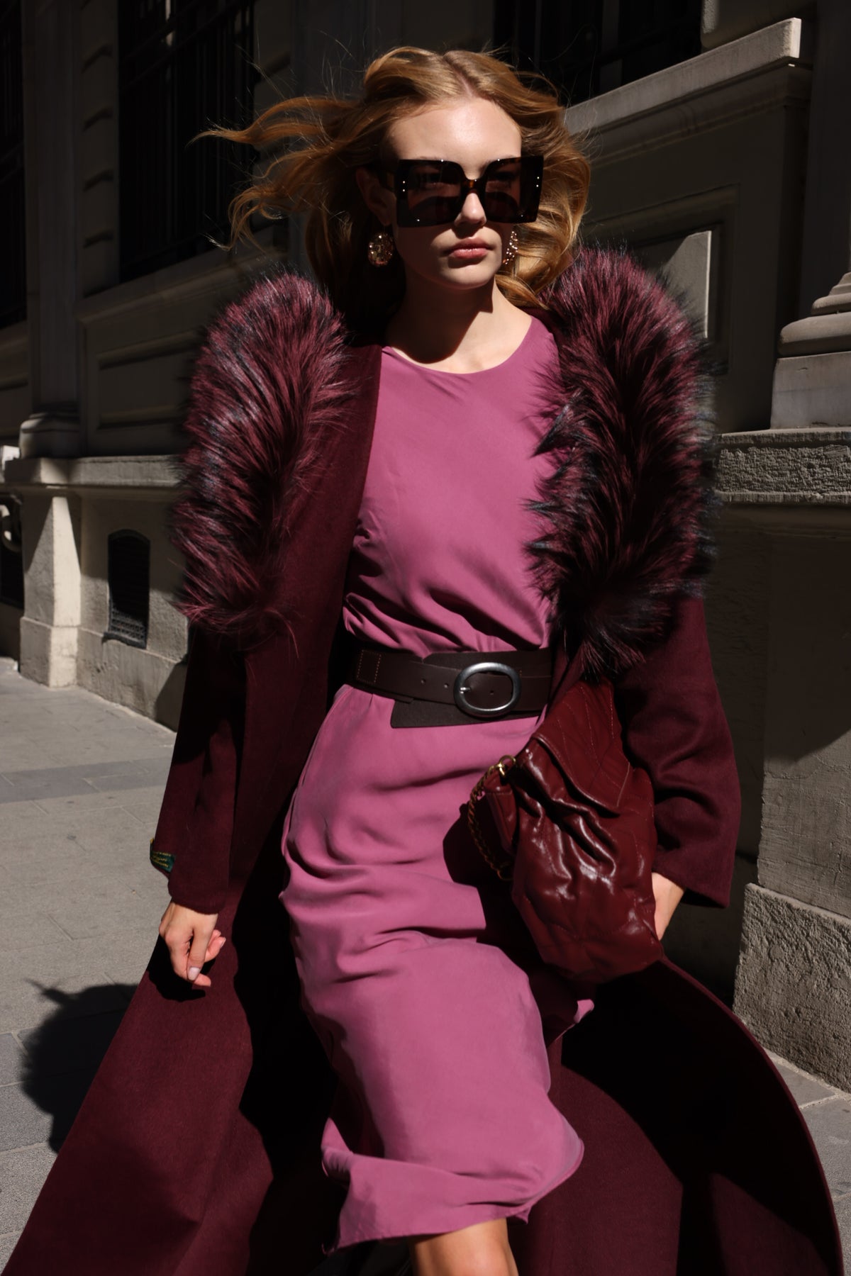 BURGUNDY ALPACA FOX FUR COAT- 9022