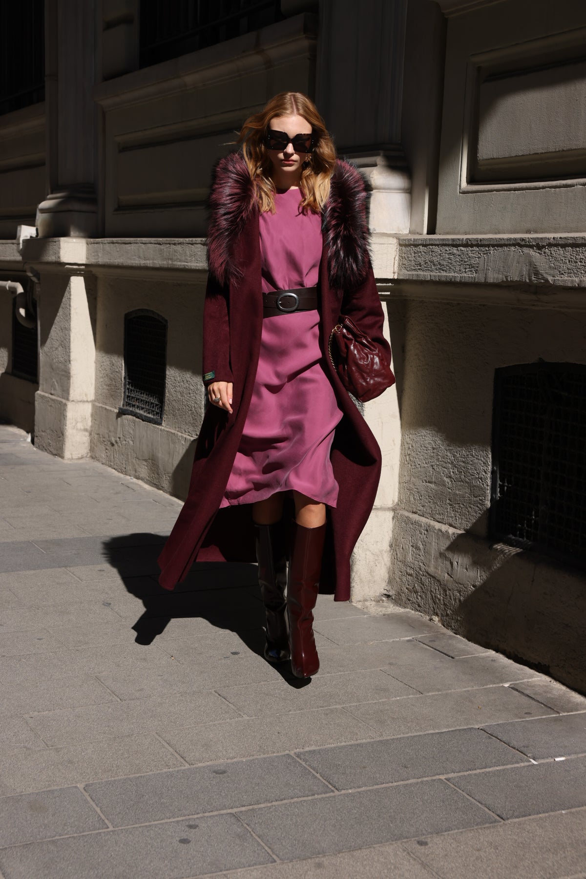 BURGUNDY ALPACA FOX FUR COAT- 9022