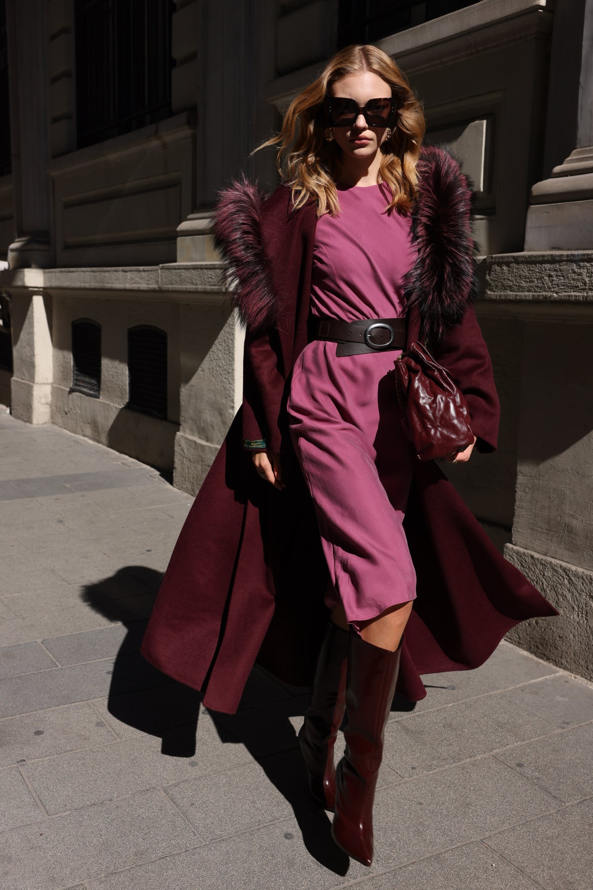 BURGUNDY ALPACA FOX FUR COAT- 9022