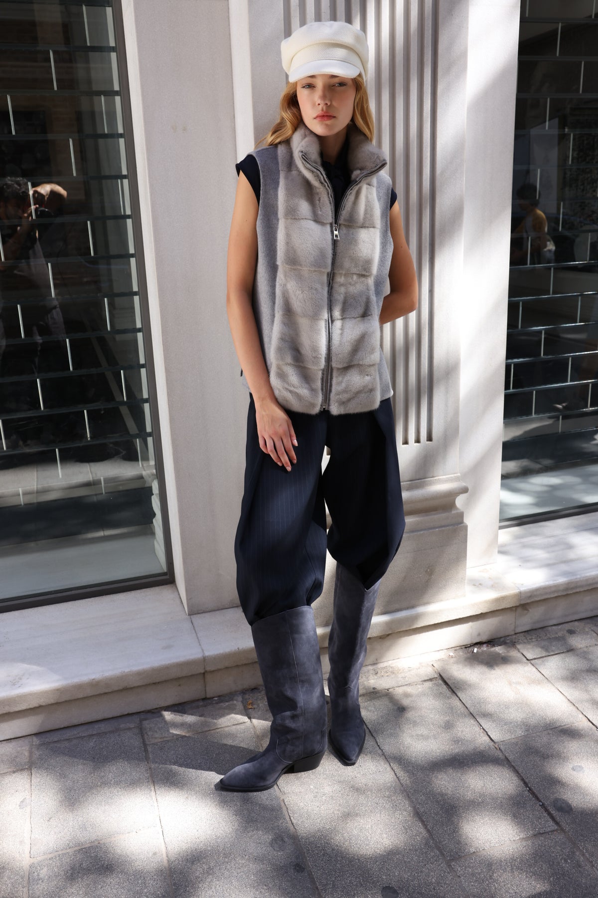 SMOKY PEARL GREY ALPACA MINK FUR VEST JACKET -9478