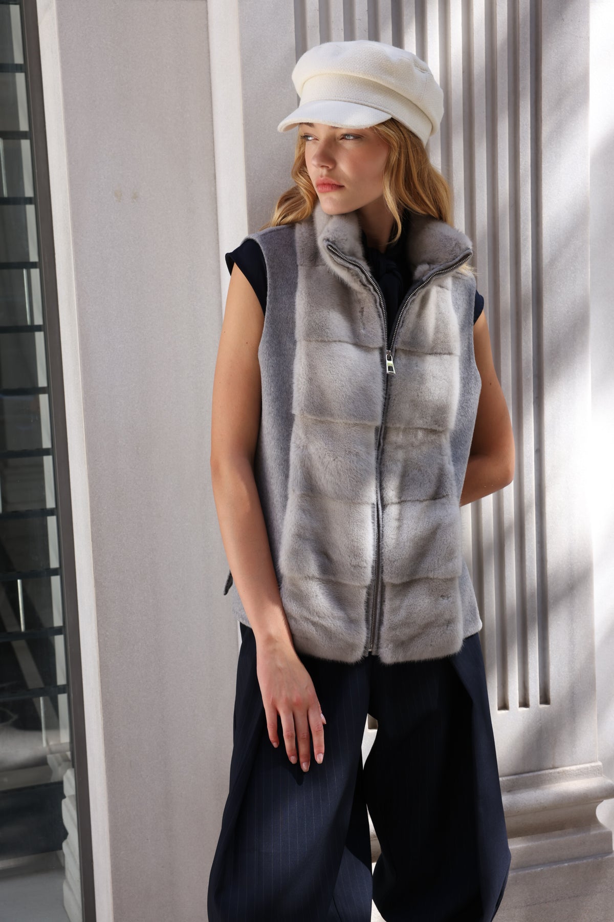 SMOKY PEARL GREY ALPACA MINK FUR VEST JACKET -9478
