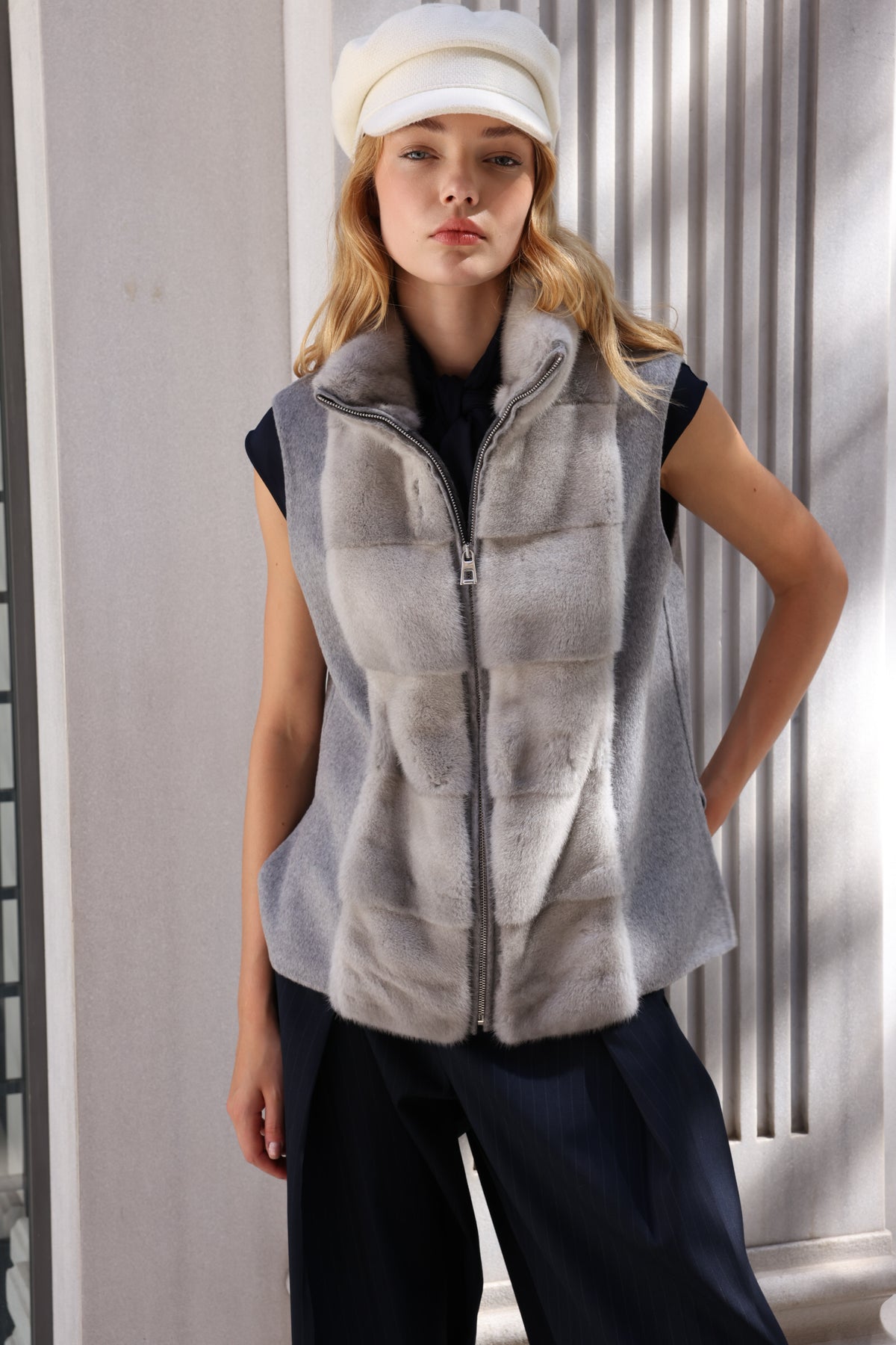 SMOKY PEARL GREY ALPACA MINK FUR VEST JACKET -9478