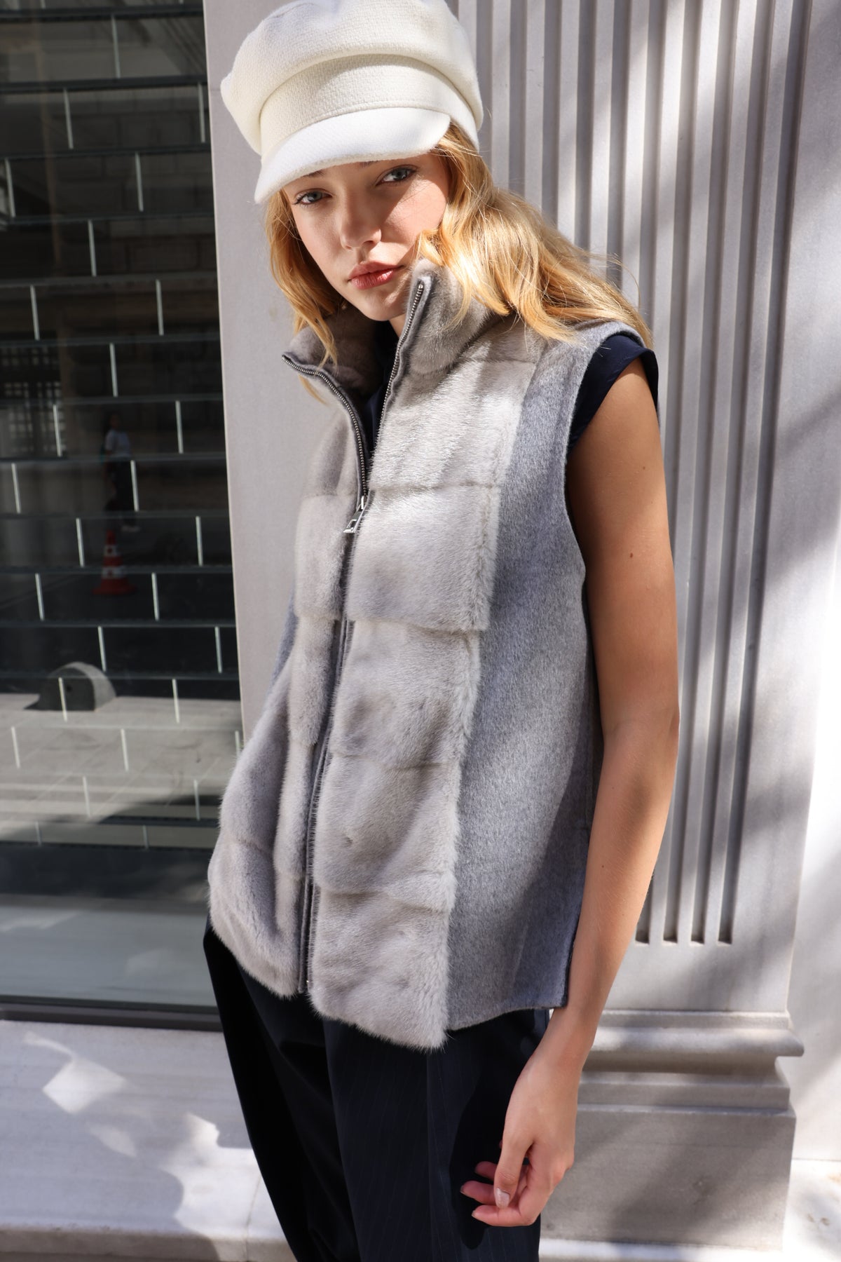 SMOKY PEARL GREY ALPACA MINK FUR VEST JACKET -9478