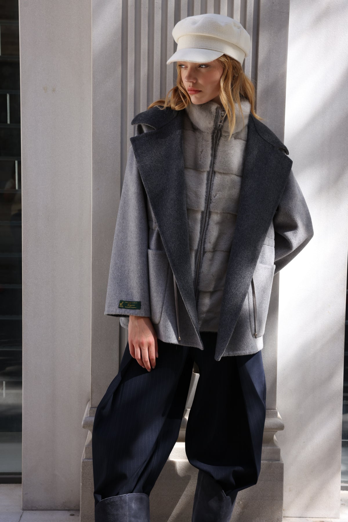 SMOKY PEARL GREY ALPACA MINK FUR VEST JACKET -9478