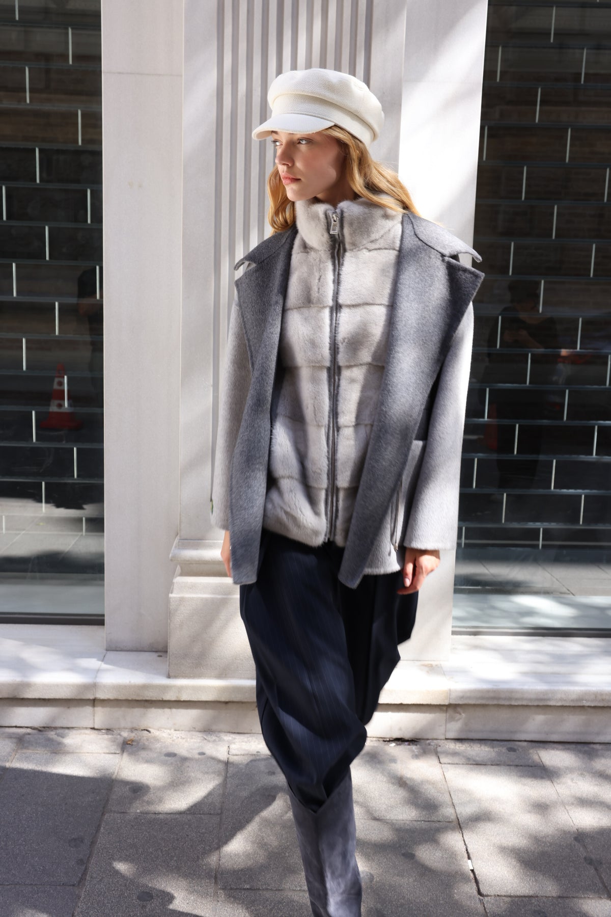 SMOKY PEARL GREY ALPACA MINK FUR VEST JACKET -9478