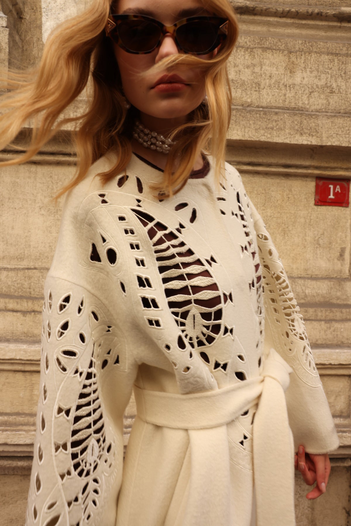 WHITE EMBROIDERED ALPACA COAT -9687