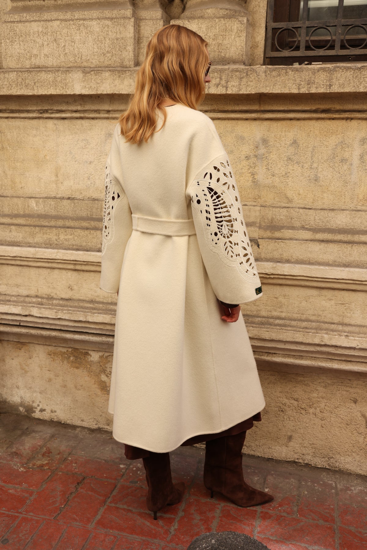 WHITE EMBROIDERED ALPACA COAT -9687