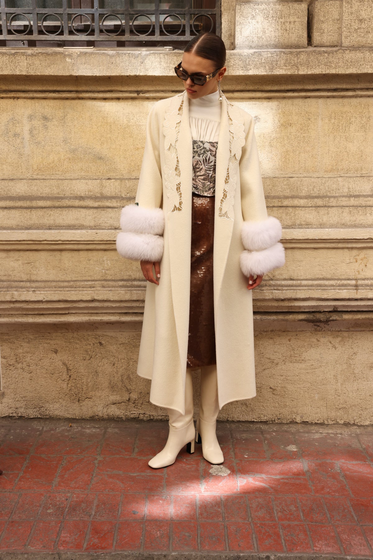 WHITE EMBROIDERED ALPACA FOX FUR COAT -9686