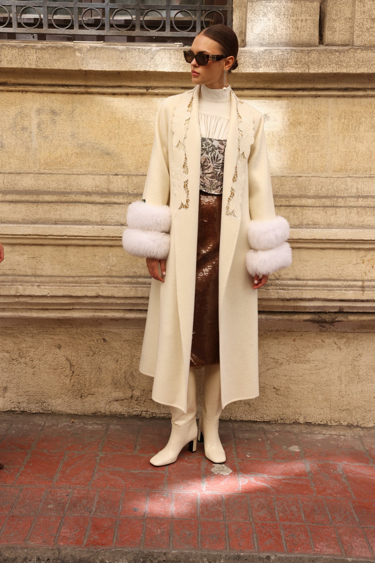 WHITE EMBROIDERED ALPACA FOX FUR COAT -9686