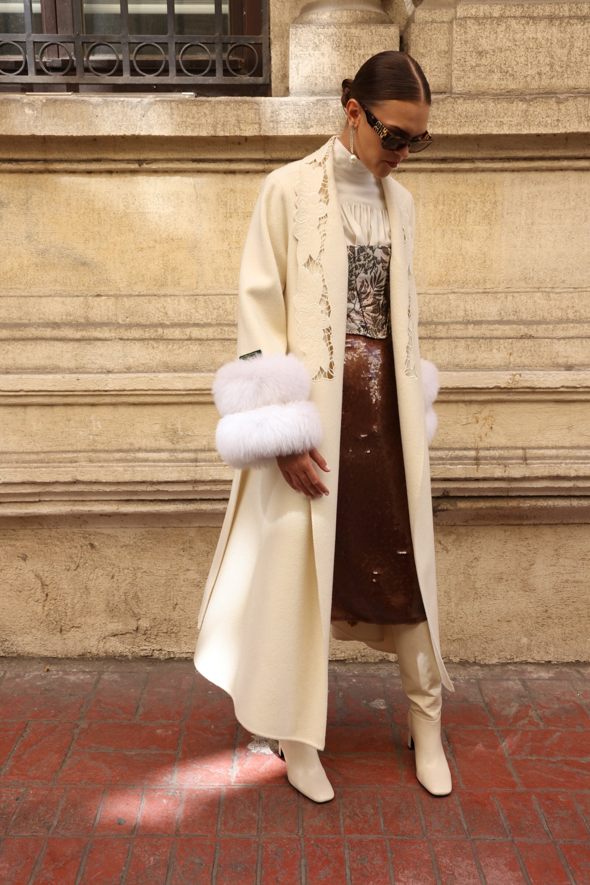 WHITE EMBROIDERED ALPACA FOX FUR COAT -9686