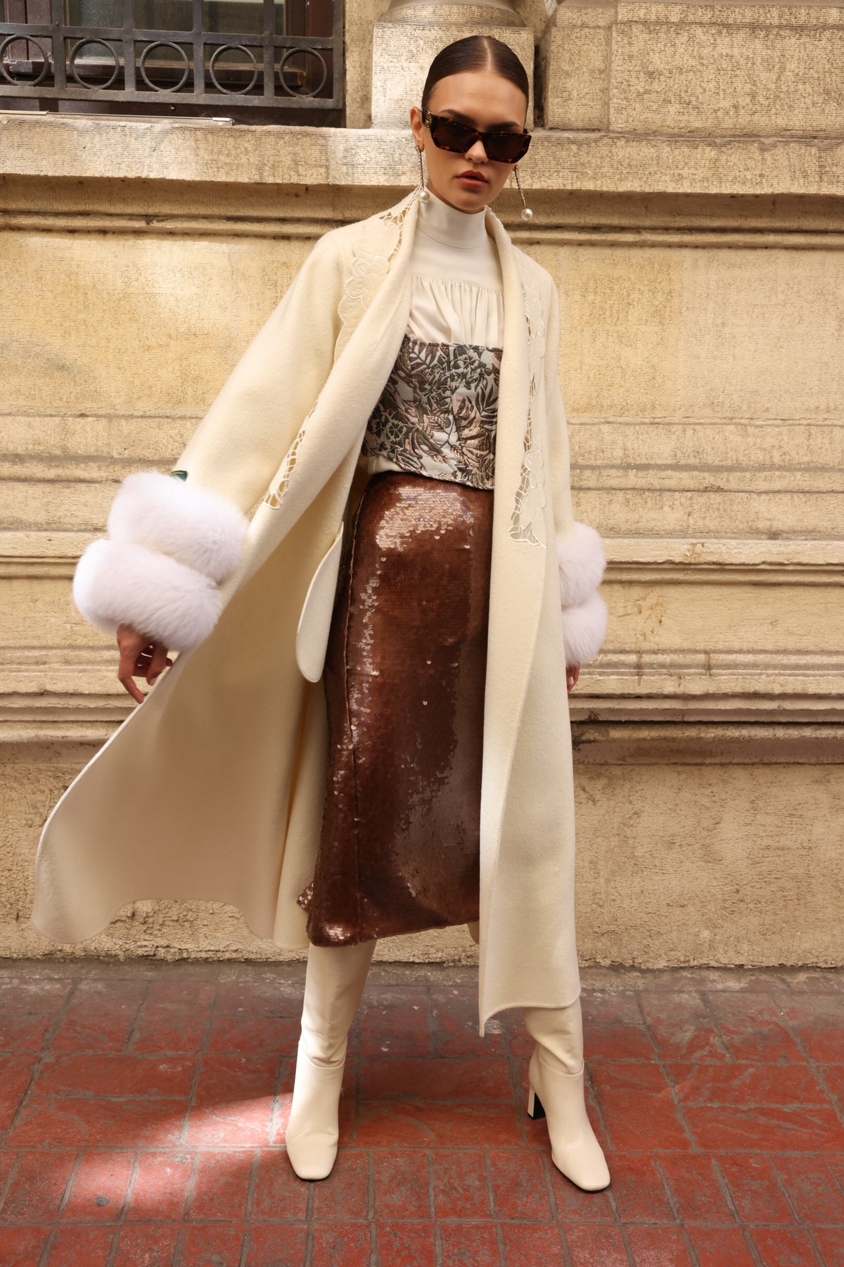 WHITE EMBROIDERED ALPACA FOX FUR COAT -9686