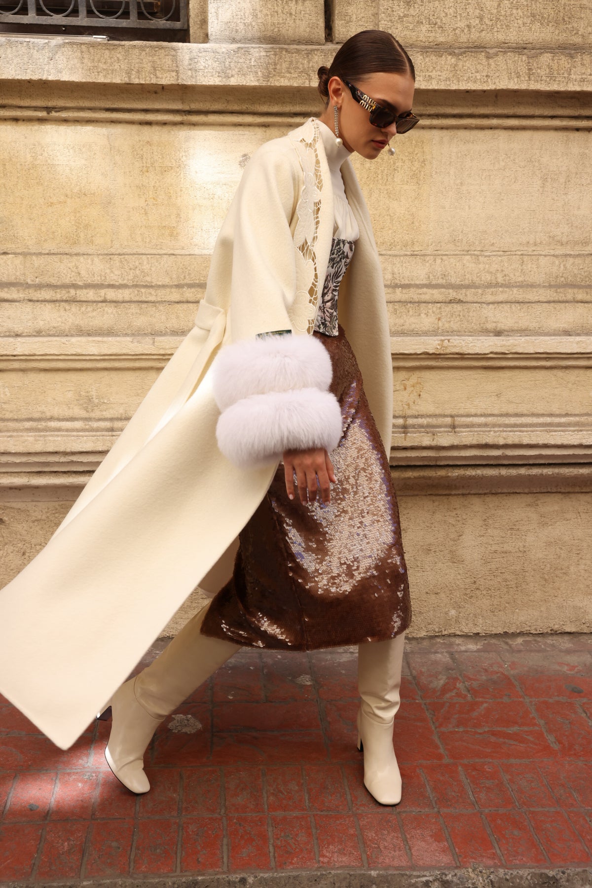 WHITE EMBROIDERED ALPACA FOX FUR COAT -9686
