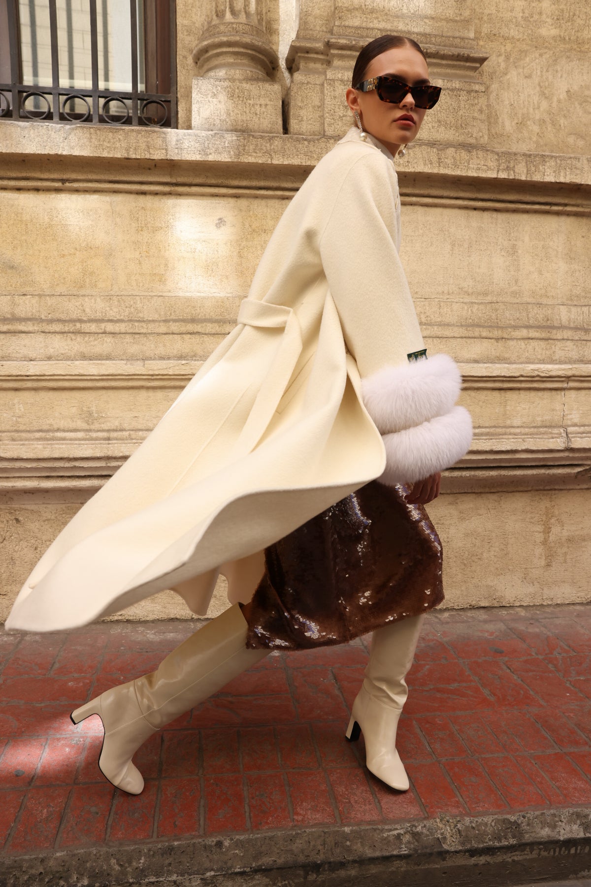 WHITE EMBROIDERED ALPACA FOX FUR COAT -9686