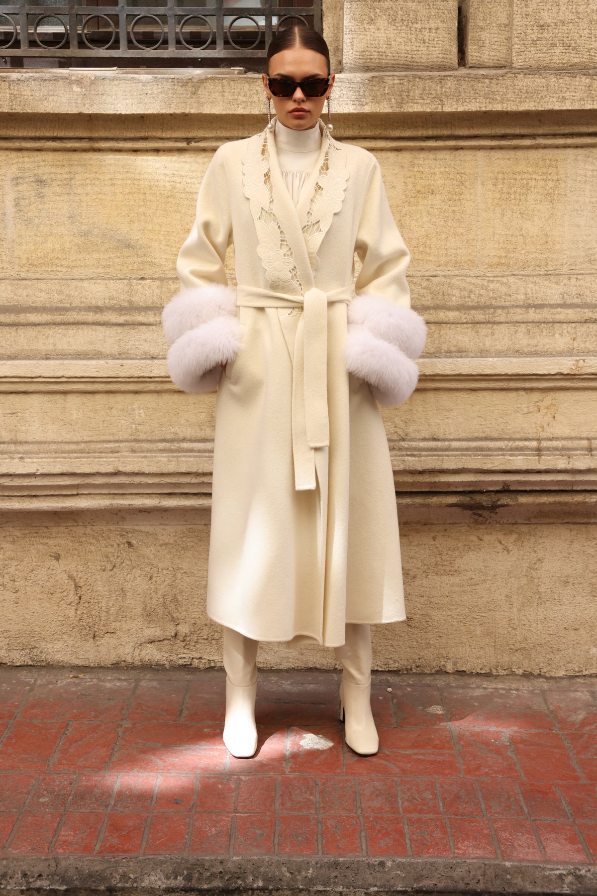 WHITE EMBROIDERED ALPACA FOX FUR COAT -9686