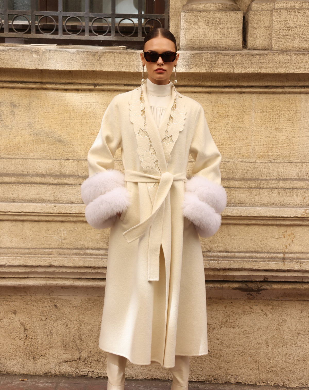 WHITE EMBROIDERED ALPACA FOX FUR COAT -9686