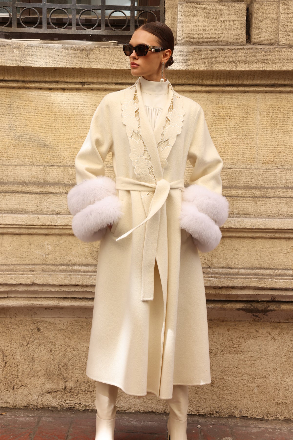 WHITE EMBROIDERED ALPACA FOX FUR COAT -9686