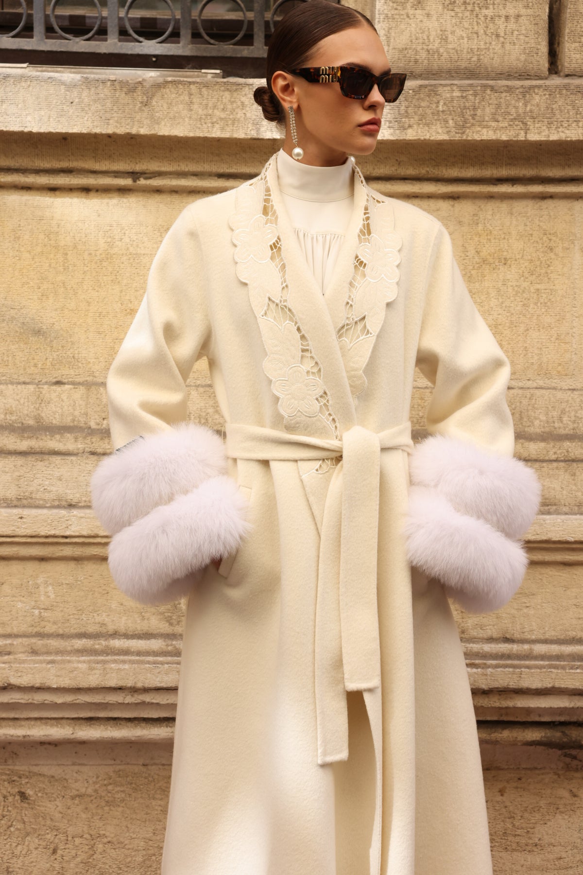 WHITE EMBROIDERED ALPACA FOX FUR COAT -9686