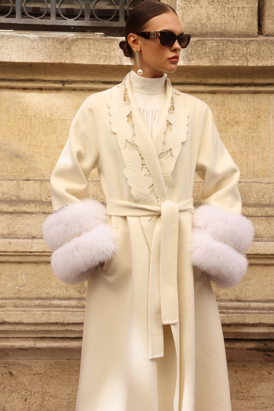 WHITE EMBROIDERED ALPACA FOX FUR COAT -9686