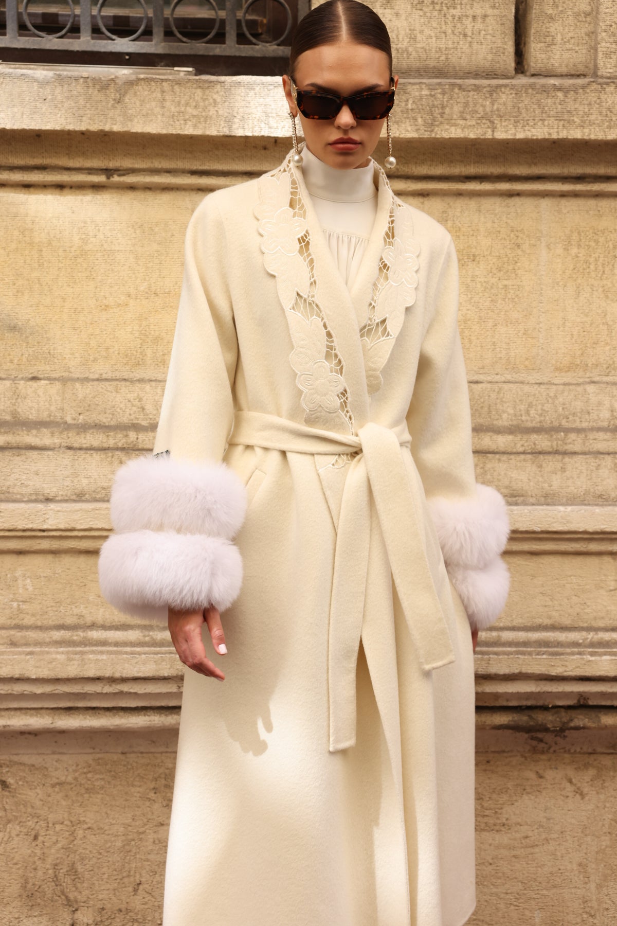 WHITE EMBROIDERED ALPACA FOX FUR COAT -9686