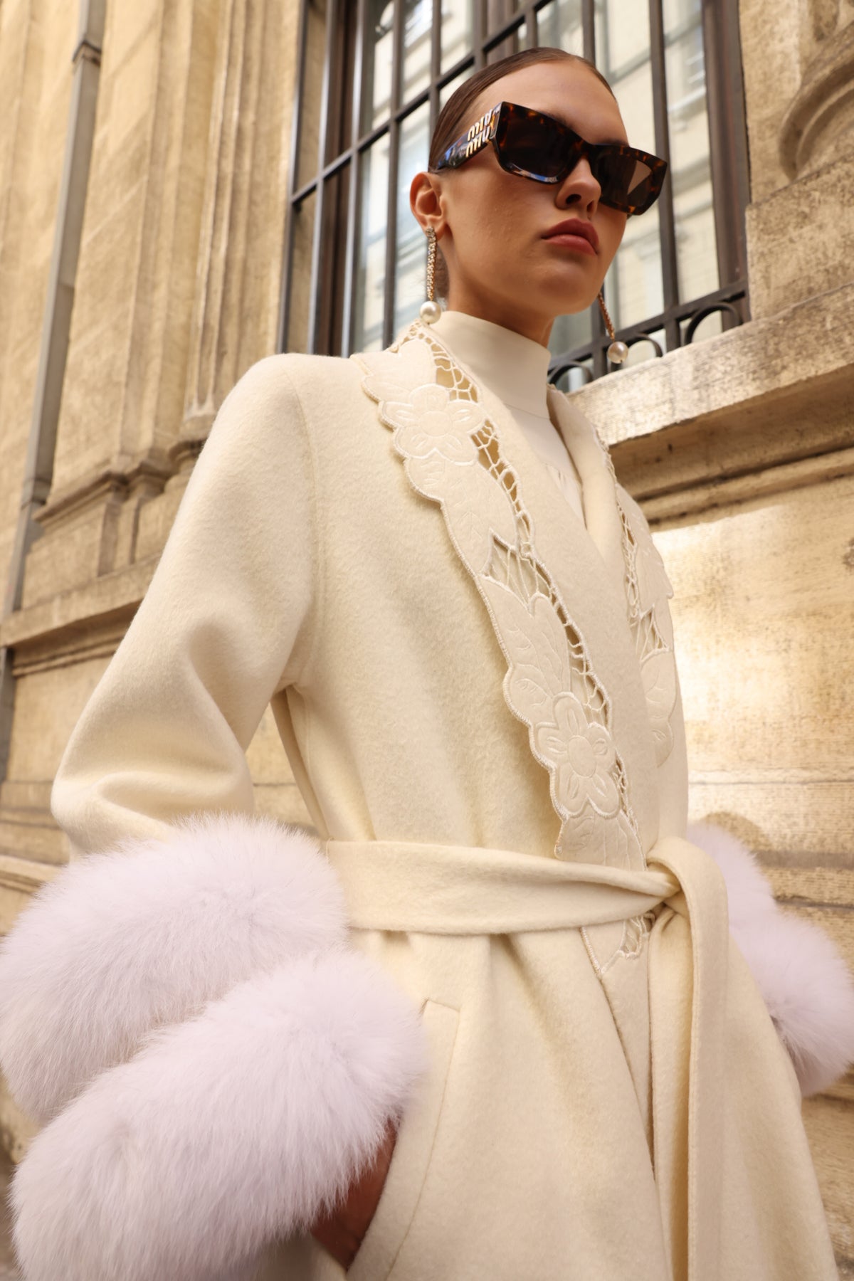 WHITE EMBROIDERED ALPACA FOX FUR COAT -9686