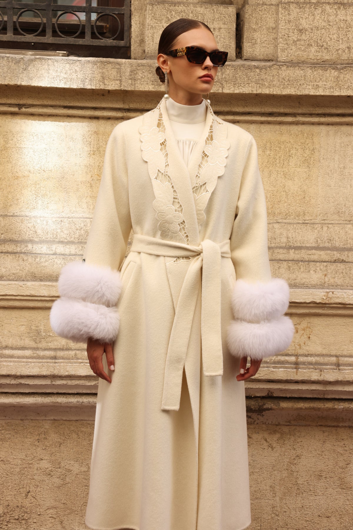 WHITE EMBROIDERED ALPACA FOX FUR COAT -9686