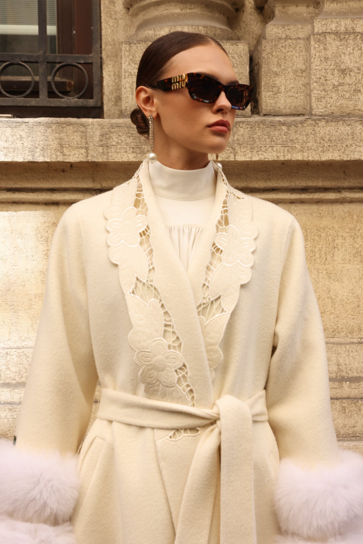 WHITE EMBROIDERED ALPACA FOX FUR COAT -9686