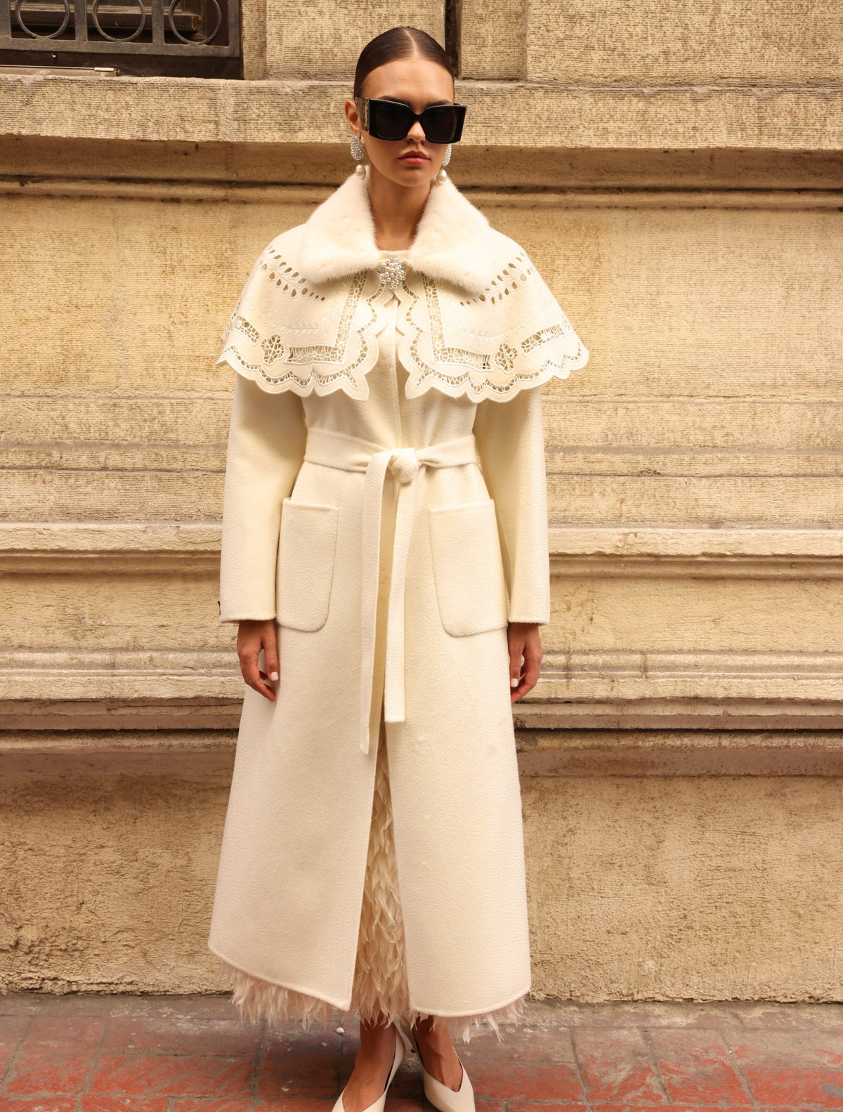 WHITE EMBROIDERED ALPACA MINK COAT -9690