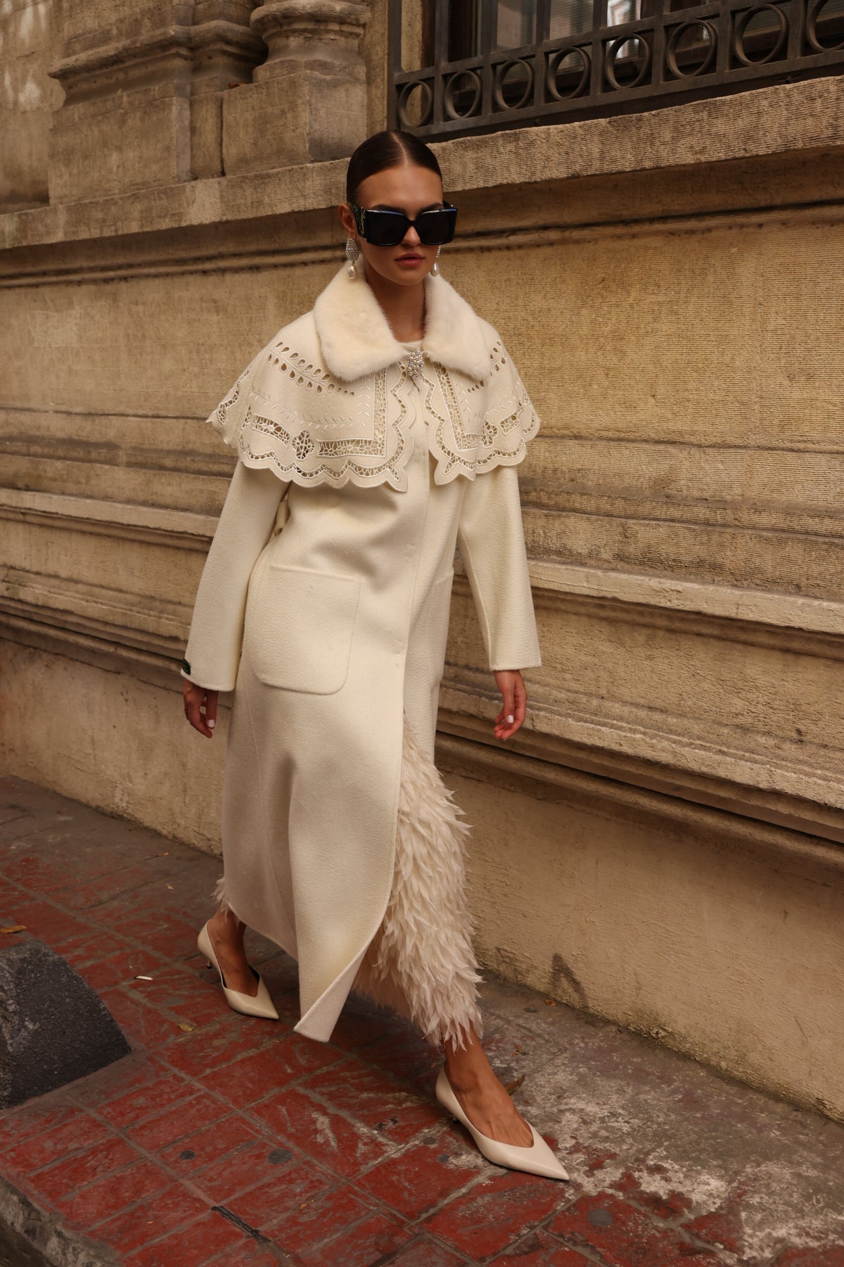WHITE EMBROIDERED ALPACA MINK COAT -9690