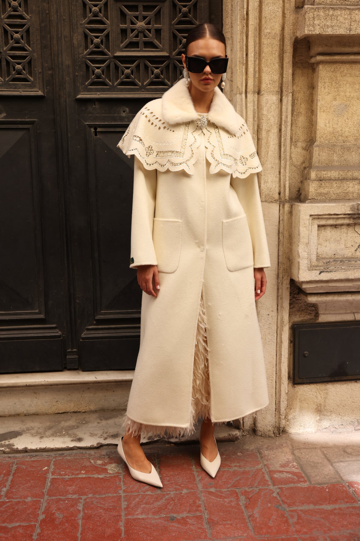 WHITE EMBROIDERED ALPACA MINK COAT -9690