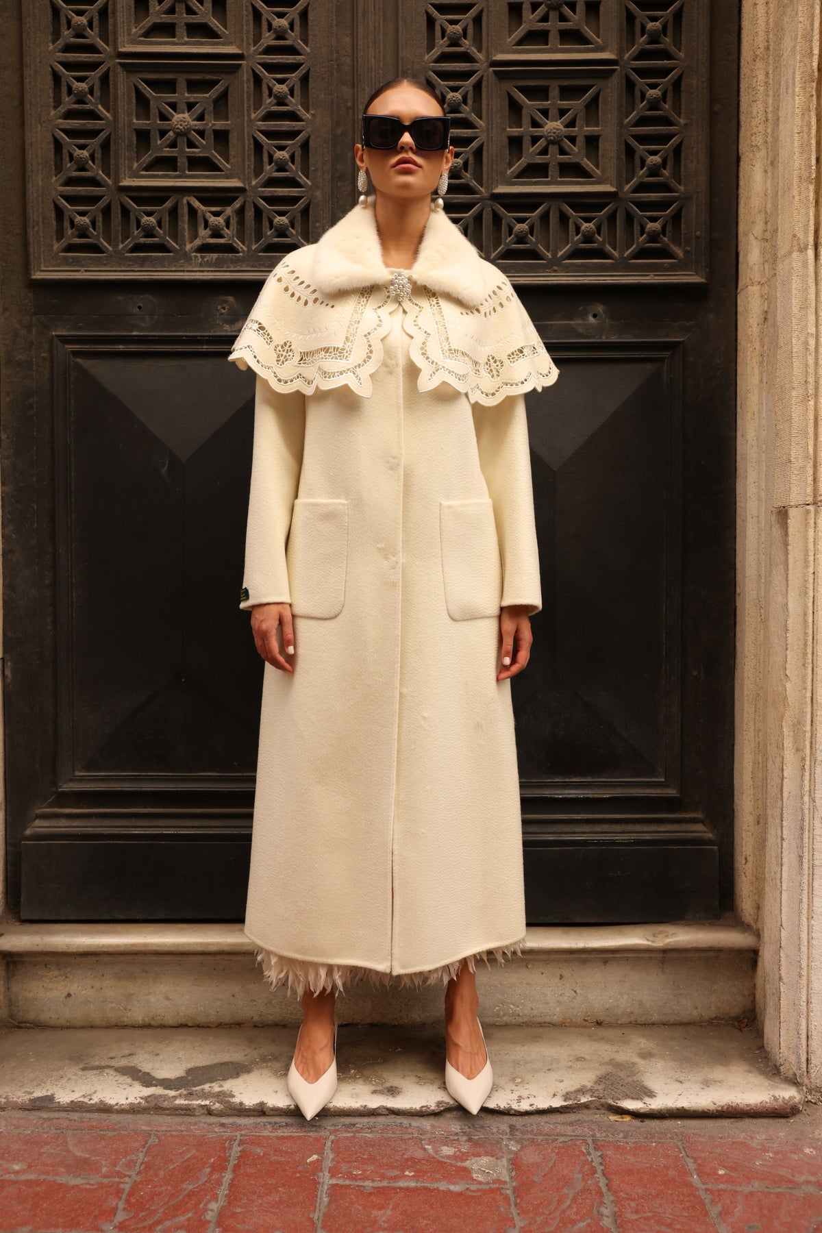 WHITE EMBROIDERED ALPACA MINK COAT -9690